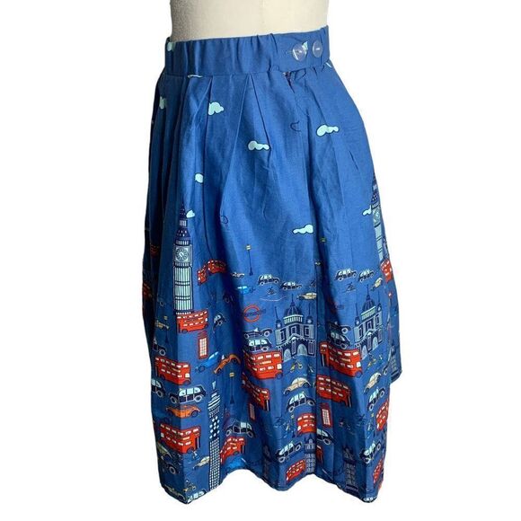 Retro London Pleated Swing Skirt S Blue Elastic Waist Pockets Knee Length Pinup - Picture 4 of 7
